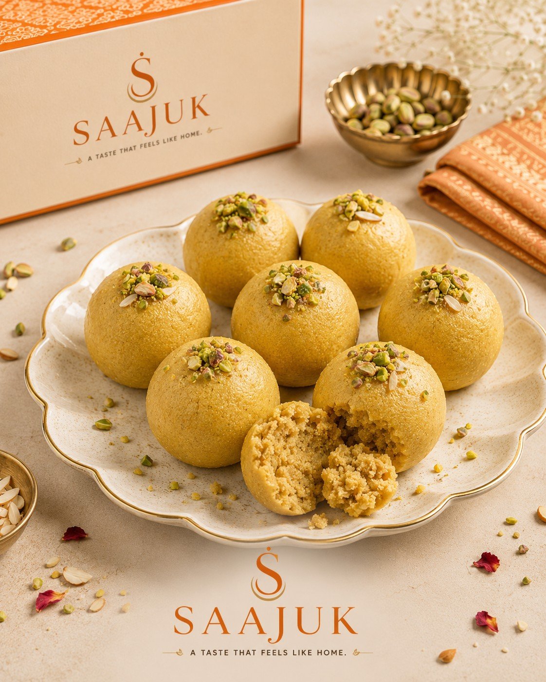 Seven pale yellow besan ladus topped with chopped pistachio on a scalloped plate, one broken open to show the grainy centre, beside a SAAJUK gift box