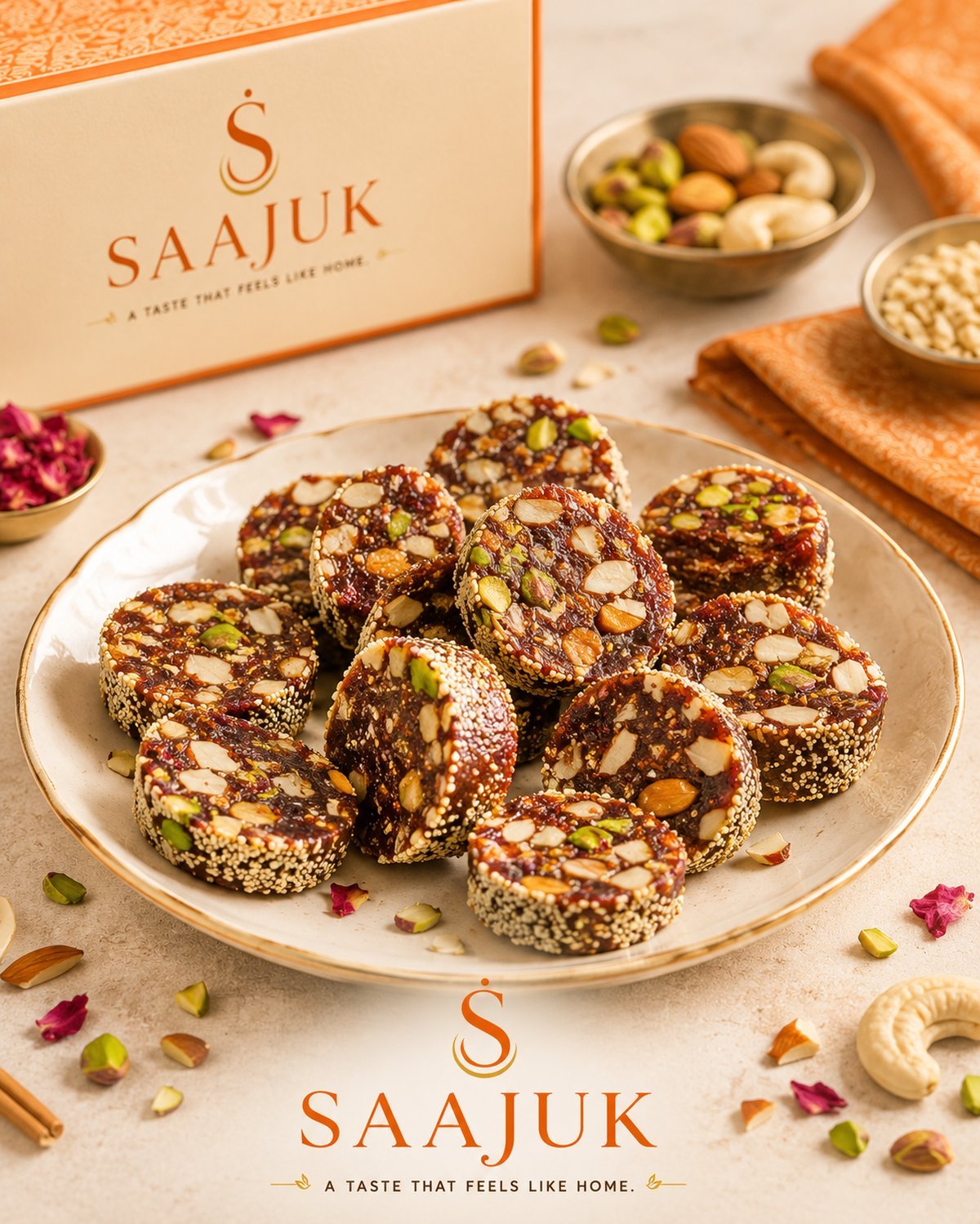Round dates and nuts bites with seed-coated edges arranged on a plate, showing sliced almonds and pistachio set through dark date filling