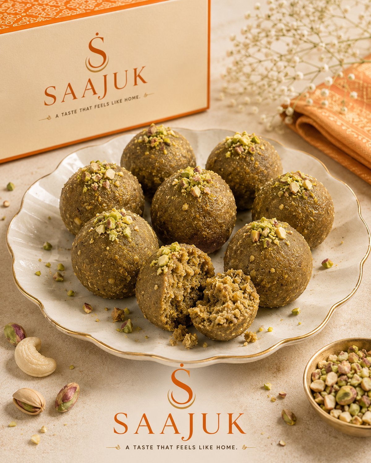 Seven golden-brown moong dal ladus garnished with slivered almond and pistachio on a ceramic plate, one halved to show the fine grain